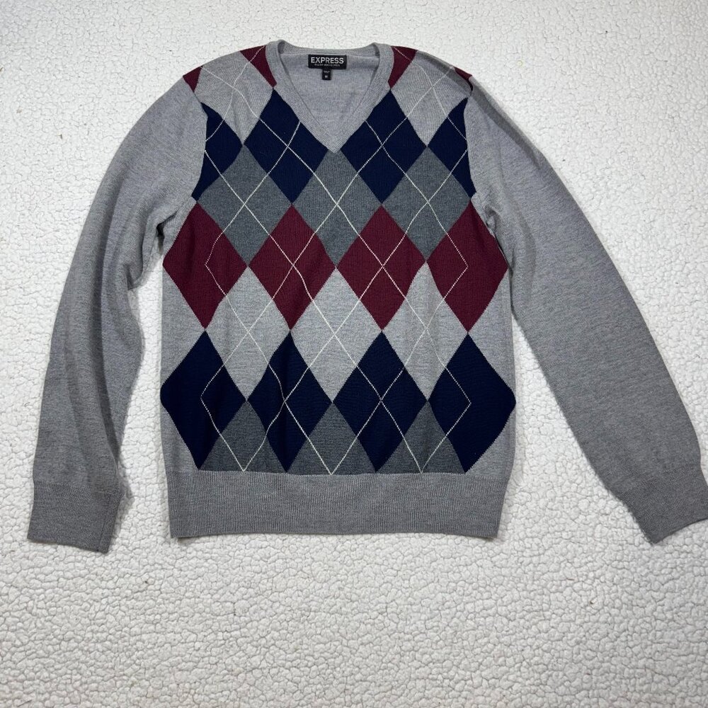 Express Mens Argyle V Neck Merino Wool Pullover Sweater Size M Preppy Stretch